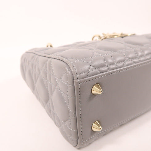 Christian Dior CD GHW Lady Dior 2 Way Shoulder Bag Lambskin Leather Grey