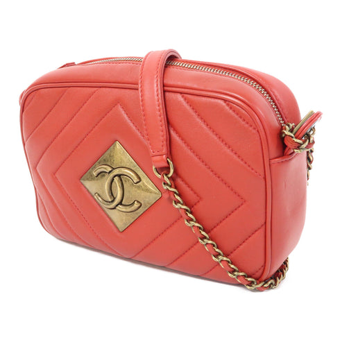 CHANEL CC GHW Chevron Pyramid Camera Case Shoulder Bag Lambskin Leather Red