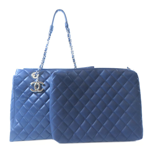 CHANEL CC SHW Tote Bag Shoulder Bag Lambskin Leather Blue