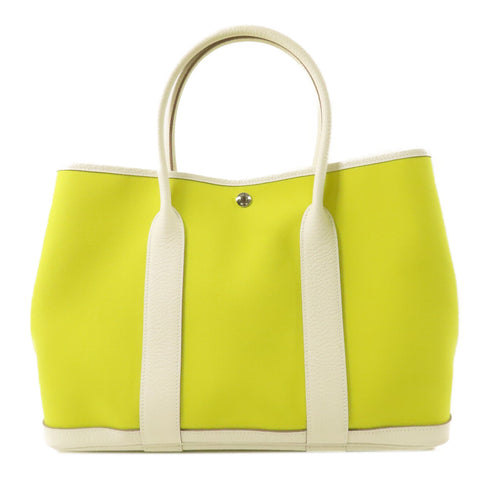 HERMES PHW Garden Party PM Handbag Canvas Lime/Blanc
