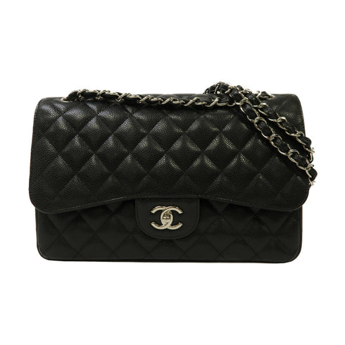 CHANEL Quilted CC SHW Classic Jumbo Chain Shoulder Bag A58600 Caviar Black