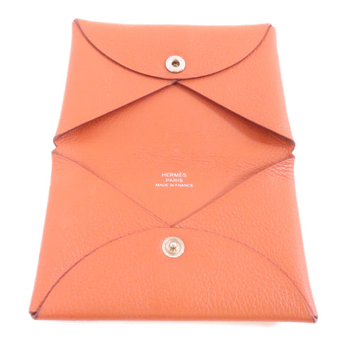 HERMES PHW Calvi Card Case Veau Epsom Leather Potiron Brown