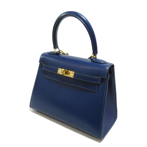 HERMES GHW Mini Kelly 2way Handbag Box Calf Leather Blue Used Y 1995