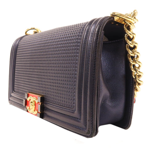 CHANEL CC GHW Boy 25 Shoulder Bag Calfskin Leather Navy/Red