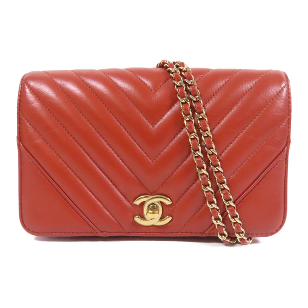 CHANEL Herringbone CC GHW Chain Shoulder Bag Calfskin Leather Red