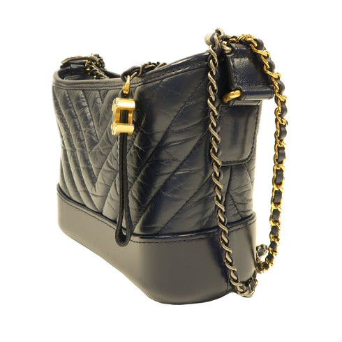 CHANEL Herringbone CC Gabrielle Small Chain Shoulder Bag Lambskin Navy