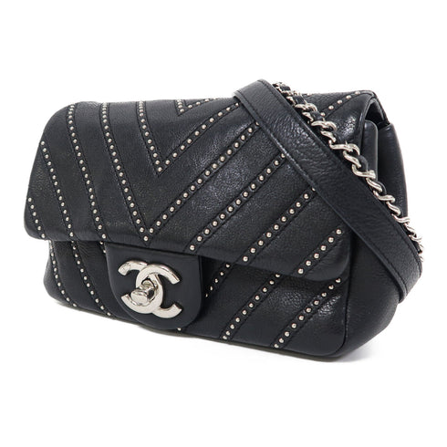CHANEL Herringbone CC SHW Chain Shoulder Bag Lambskin Leather Black