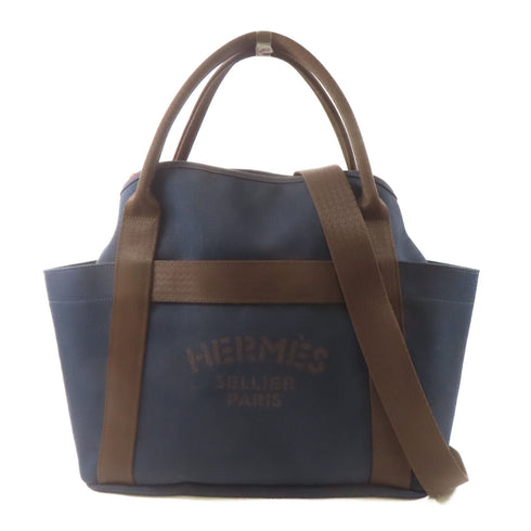 HERMES PHW Sac De Pansage Groom Handbag 2 Way Shoulder Bag Canvas Bleu Indigo