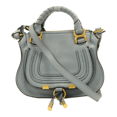 Chloe GHW Mini Marcie 2 Way Shoulder Bag Handbag Calfskin Leather Blue