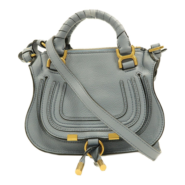 Chloe GHW Mini Marcie 2 Way Shoulder Bag Handbag Calfskin Leather Blue