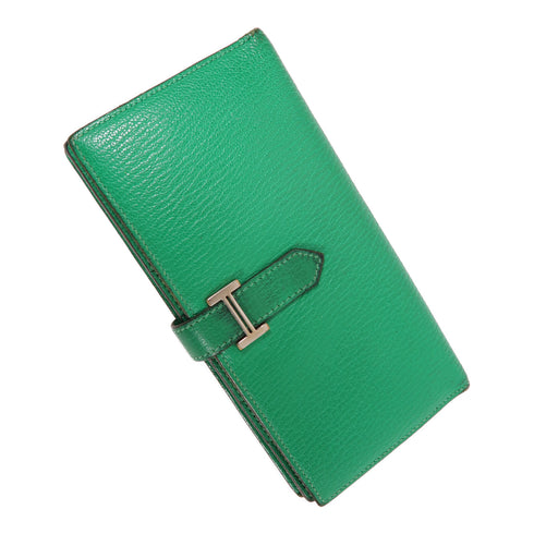HERMES PHW Bearn Soufflet Wallet 039078CC Chevre Leather Green