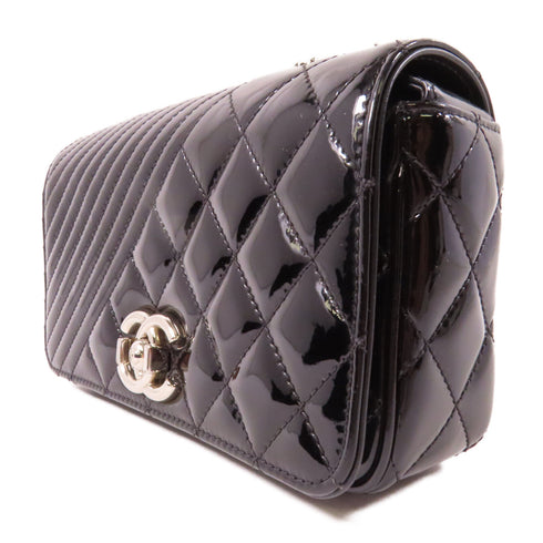 CHANEL Quilted/Herringbone CC SHW Chain Shoulder Bag Patent Leather Black