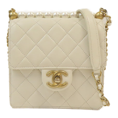 CHANEL Quilted CC GHW Pearl Flap Shoulder Bag AS0584 Calfskin Leather White