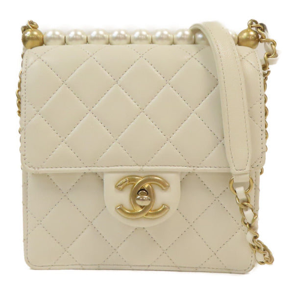 CHANEL Quilted CC GHW Pearl Flap Shoulder Bag AS0584 Calfskin Leather White