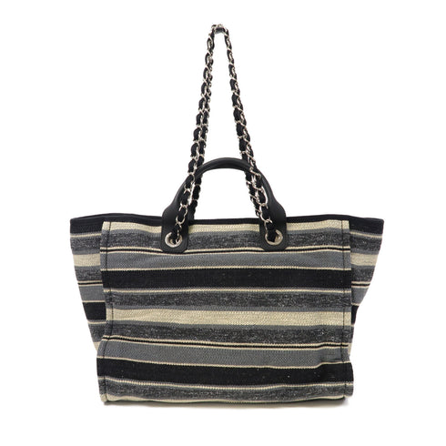 CHANEL CC SHW Deauville Tote Bag 2 Way Chain Shoulder Hand Bag Canvas Blue White