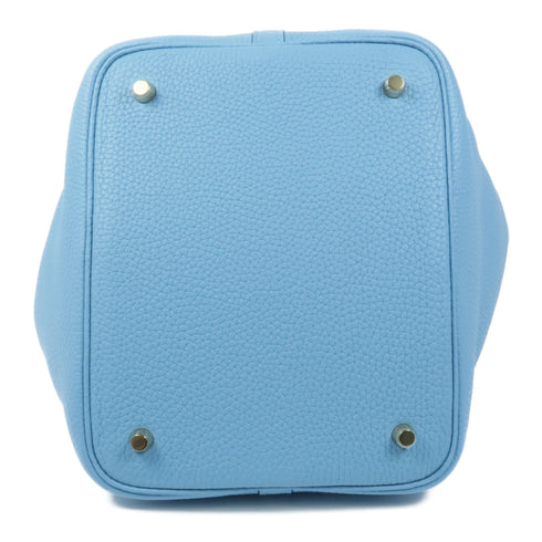 HERMES GHW Picotin MM Handbag Taurillon Clemence Leather Bleu Du Nord