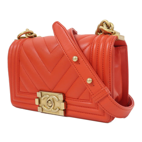 CHANEL Herringbone CC GHW Boy Chanel Chain Shoulder Bag Lambskin Leather Red