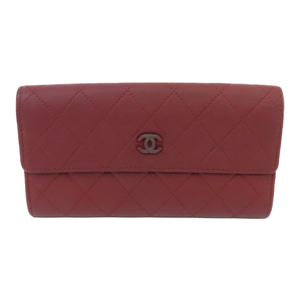 CHANEL Quilted CC SHW Long Wallet Calfskin Leather Red
