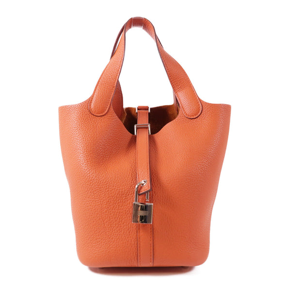 HERMES PHW Picotin PM Handbag Clemence Leather Terre Battue/Orange