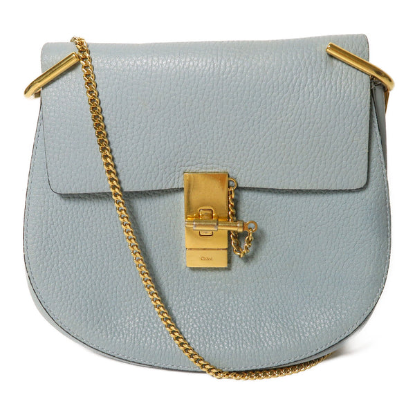 Chloe GHW Drew Bag Chain Shoulder Bag Crossbody Calfskin Leather Light Blue
