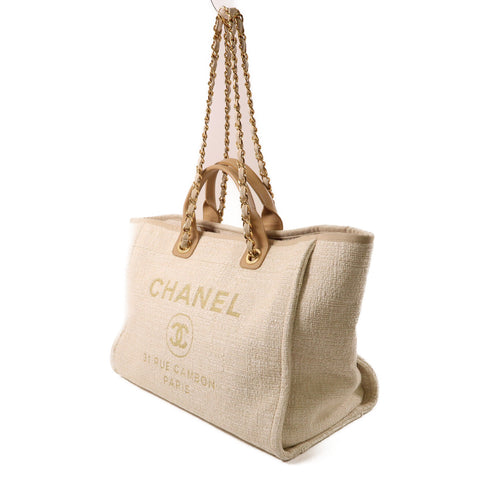 CHANEL CC GHW Deauville Tote Bag 2 Way Shoulder Canvas Straw