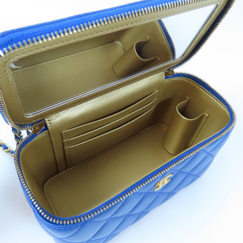 CHANEL Quilted CC GHW Vanity Case Chain Shoulder Bag Lambskin Leather Blue