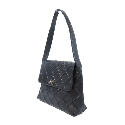CHANEL Quilted CC SHW Shoulder Bag Calfskin Leather Black v1