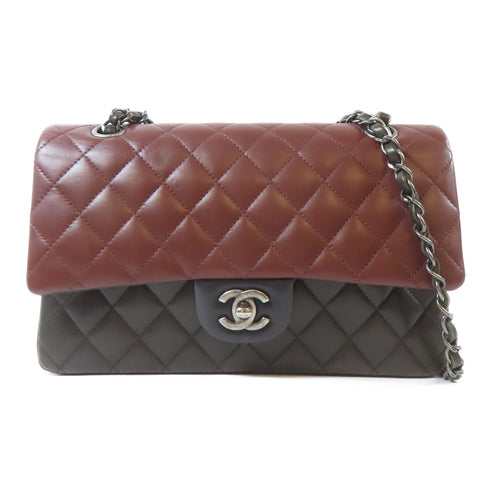 CHANEL Quilted CC SHW Classic Double Flap Chain Shoulder Bag Lambskin Black Red