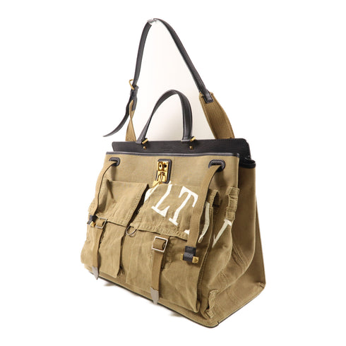 VALENTINO GHW 2 Way Bag Calfskin Leather/Canvas Black/Khaki