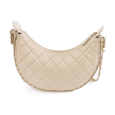 CHANEL Quilted CC GHW Small Hobo Chain Shoulder Bag Lambskin Leather Beige