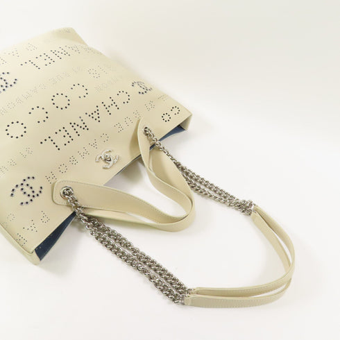 CHANEL CC SHW Chain Tote Shoulder Bag Calfskin Leather White