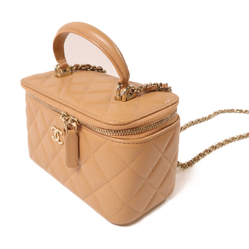 CHANEL CC GHW Vanity Bag 2 Way Chain Shoulder Lambskin Leather Apricot
