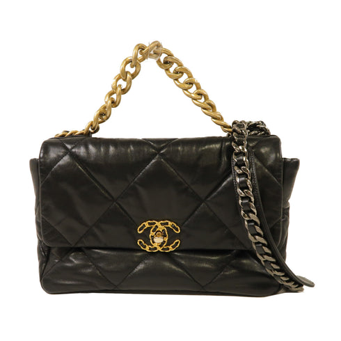 CHANEL Quilted CC GHW/SHW Chanel 19 Large 2 Way Shoulder Handbag Lambskin Black