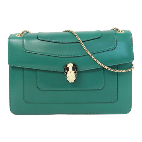 BVLGARI GHW Serpenti Forever Chain Shoulder Bag Calfskin Leather Green