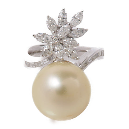 JEWELRY 8.9g Pearl 0.96ct Diamond Ring 18K White Gold US#6