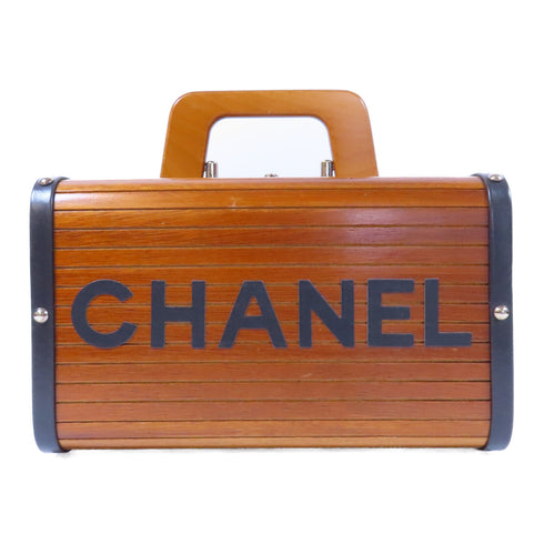 CHANEL CC SHW 1995 Logo Wooden Bag Vanity Case Handbag Wood Brown