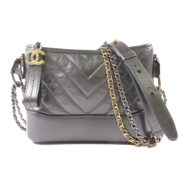 CHANEL CC Gabrielle 2 Way Chain Shoulder Crossbody Bag Calfskin Leather Gray