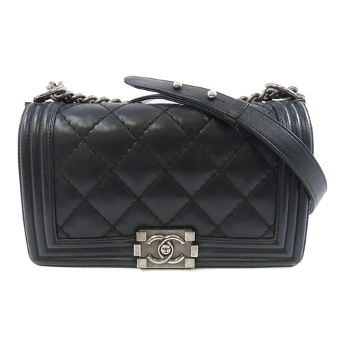 CHANEL Quilted CC SHW Boy 25 Chain Shoulder Bag Lambskin Leather Black