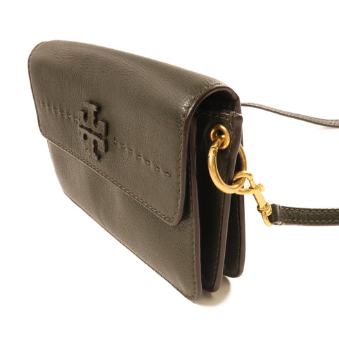 Tory Burch GHW Shoulder Bag Calfskin Leather Olive Green