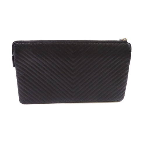 CHANEL Herringbone SHW CC Clutch Bag Pouch Calfskin Leather Black