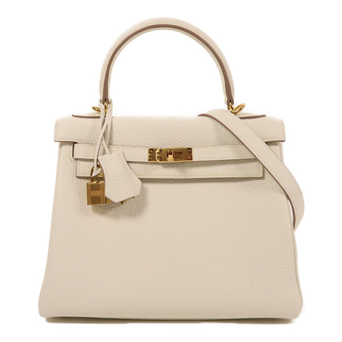 HERMES GHW Kelly 25 2 Way Shoulder Bag Togo Leather White