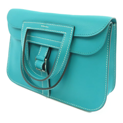 HERMES PHW Mini Halzan Shoulder Bag Veau Swift Leather Bleu Paon Blue