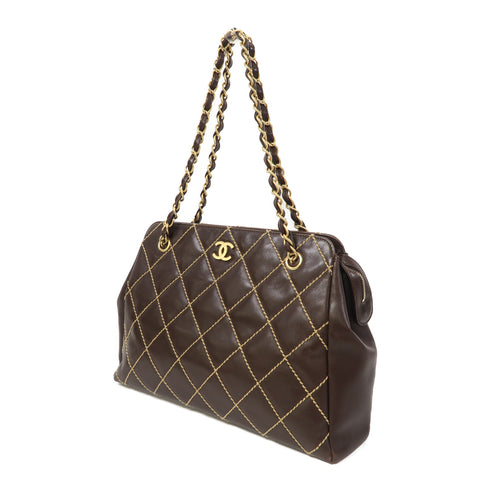 CHANEL Quilted CC GHW Chain Shoulder Bag Calfskin Leather Dark Brown