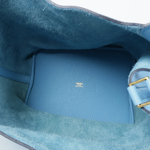 HERMES GHW Picotin MM Handbag Taurillon Clemence Leather Bleu Du Nord