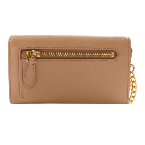 PRADA GHW Card Case With Chain Saffiano Leather Beige