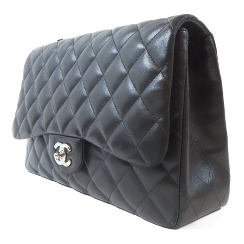 CHANEL Quilted CC SHW Classic Jumbo Shoulder Handbag Lambskin Leather Black