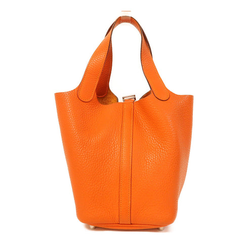 HERMES PHW Picotin PM Hand Bag/Bucket Tote Bag Clemence Leather Feu