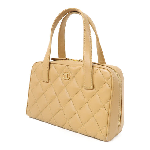 CHANEL Quilted CC GHW Hand Bag Calfskin Leather Beige