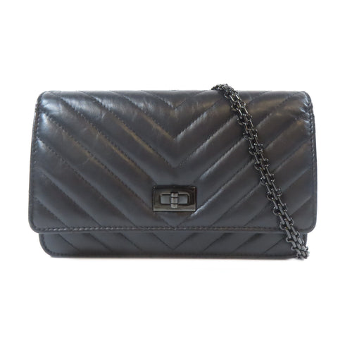 CHANEL Herringbone CC 2.55 WOC Wallet On Chain Shoulder Bag Calfskin Black