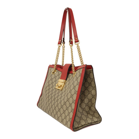 GUCCI GG GHW Padlock GG Tote Shoulder Bag PVC Coated Canvas Brown/Red